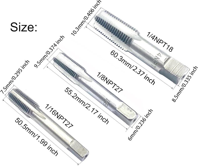 Smsucfuda 1/16",2PCS 1/8",2PCS 1/4" NPT Pipe Tap Set,5Pcs Carbon Steel Pipe Taps Cutting Tools Great for Various Mechanics DIY Thread Cutting and Cleaning - Image 2